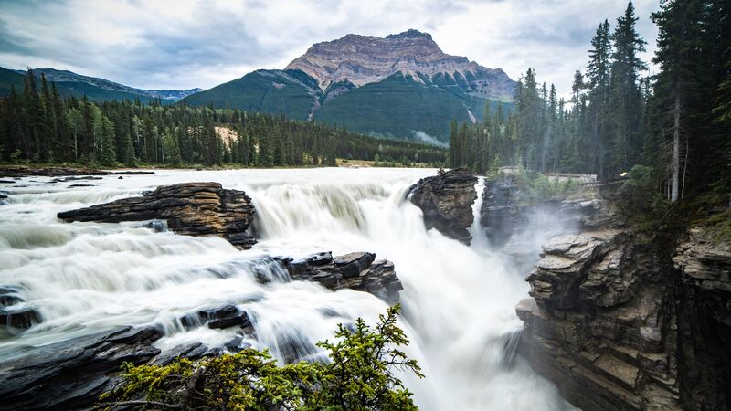 The cascading water of Athabasca Falls, Jasper National Park.