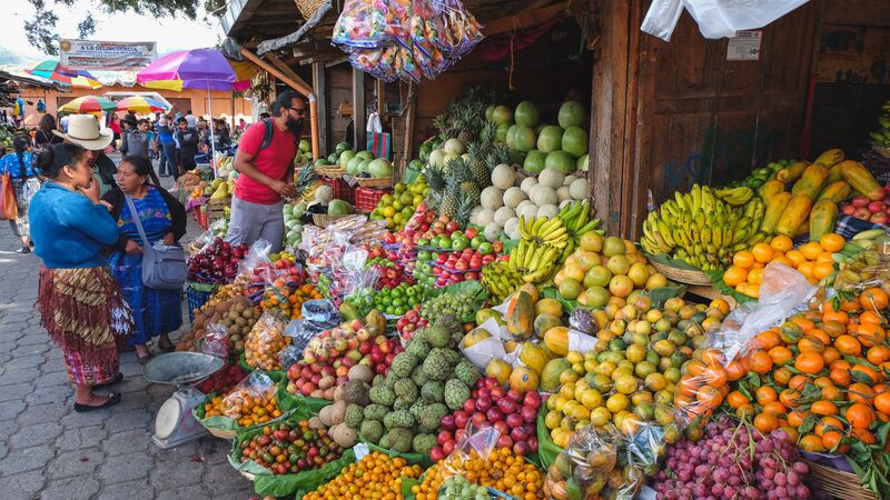 A colourful fruit stall in a local Antiguan market in Guatemala. 
