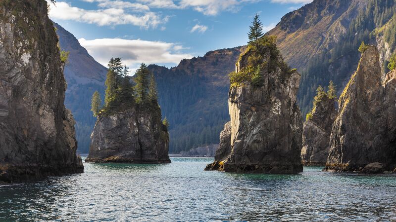 The towering rock pinnacles of Kenai Fjords National Park, Alaska.
