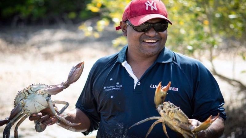 A man wearing a red NY cap and blue polo shirt is holding two mud crabs