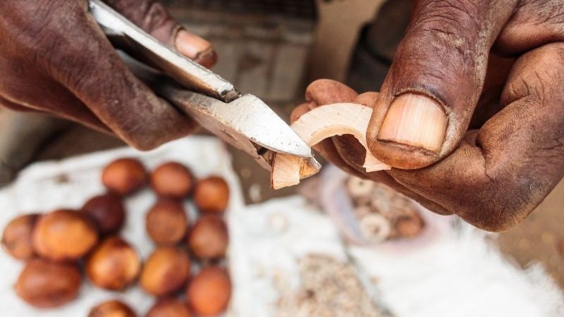 Close-up on hands crafting a piece of jewellery out of nuts