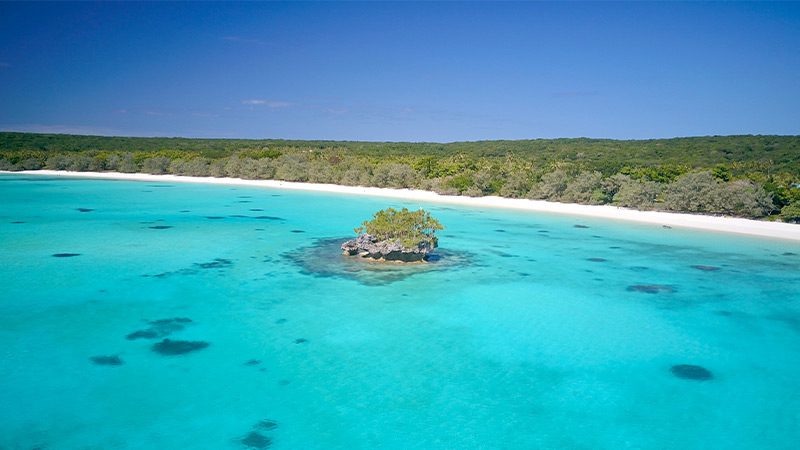 Aerial view of the turquoise waters of Luengoni Beach in New Caledonia.