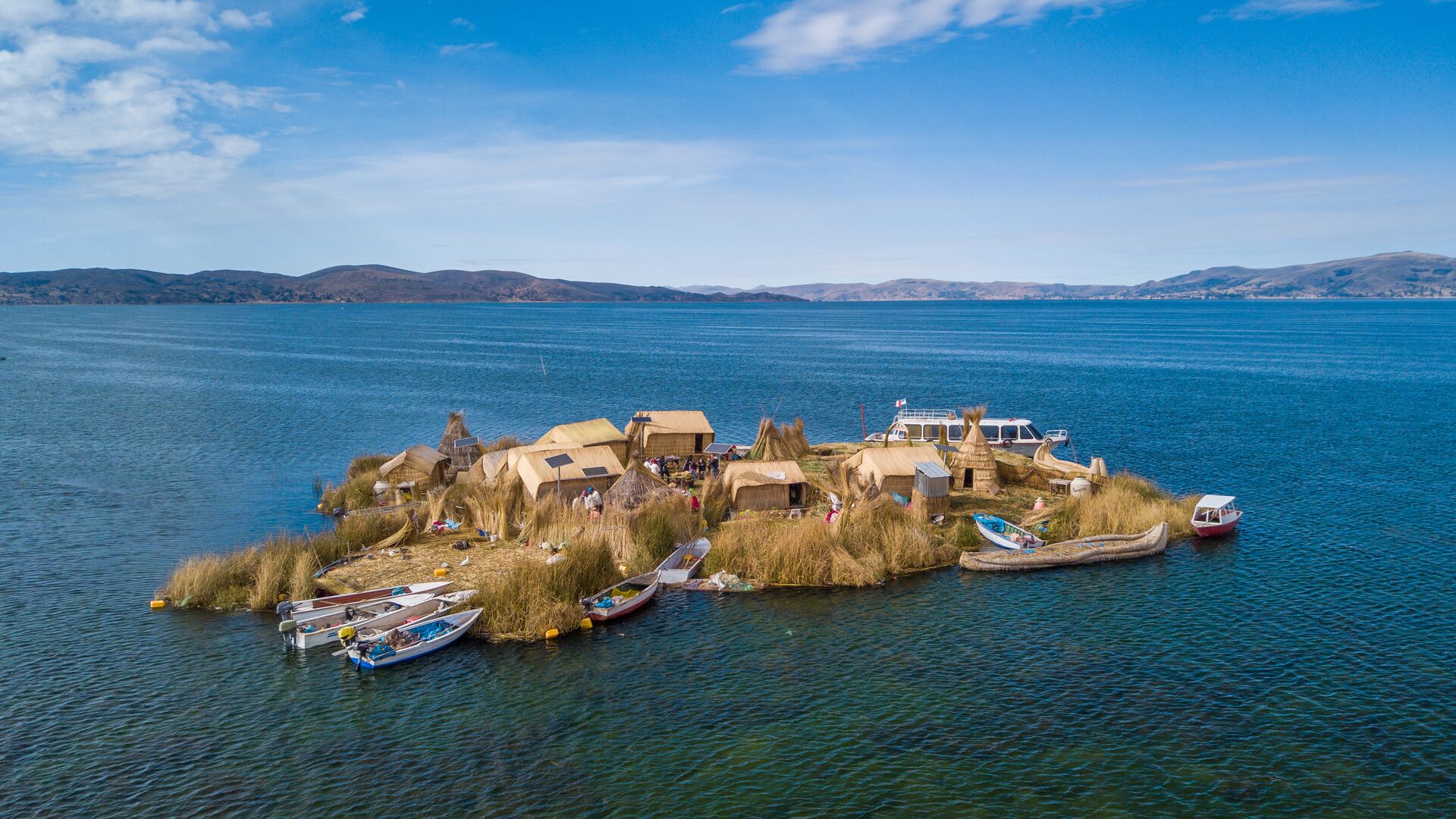 A bird's eye view of one of the 120 floating Uros islands on Lake Titicaca