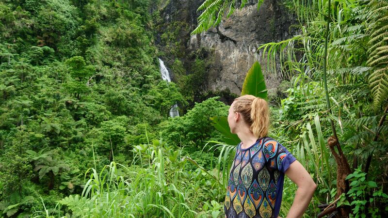 A traveller looking across a rainforest to the waterfall by the Nabalesere Village, Fiji