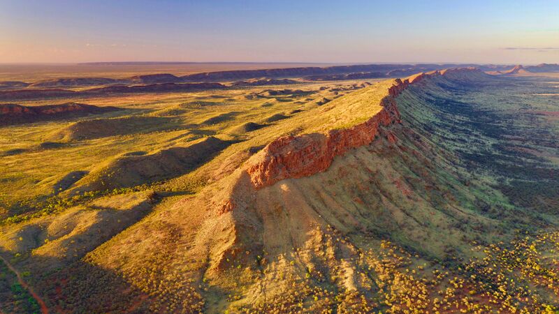 A panoramic view of the rocky mountain ridges on the Larapinta Trail, Australia