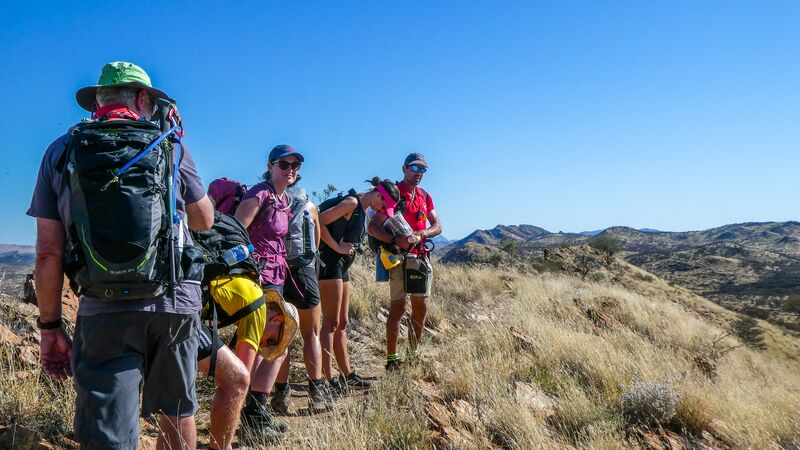 A group of travellers carrying backpacks along the Larapinta Trail on a clear day.