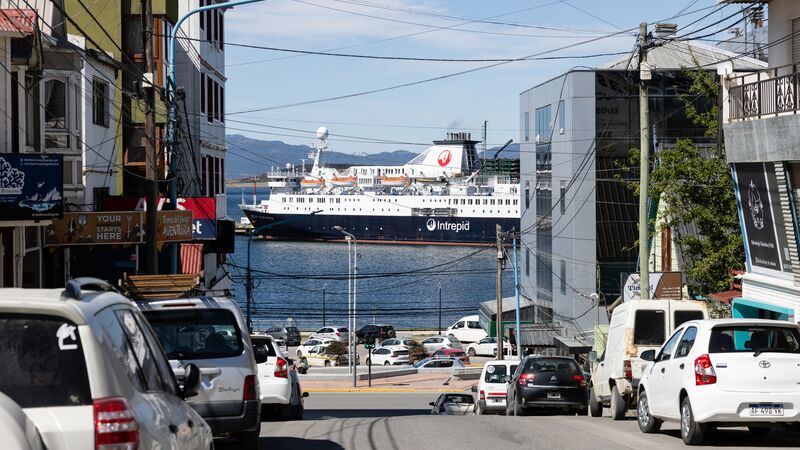 The Ocean Endeavour in a break between buildings in Ushuaia.