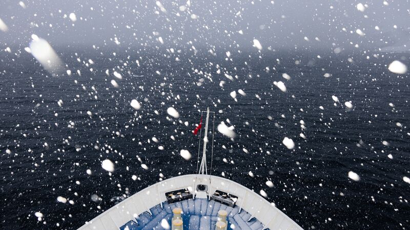 The bow of the Ocean Endeavour during a snow storm. 