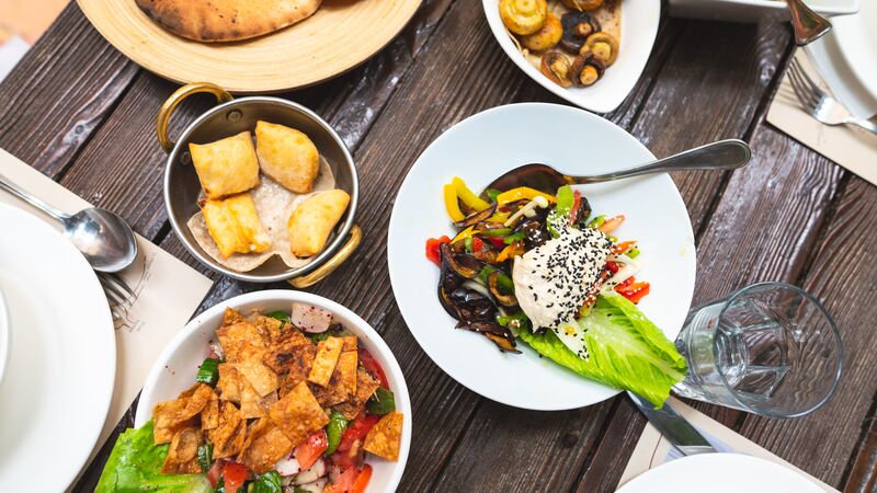 A tablescape full traditional Jordanian food.