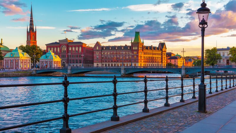 The cityscape of Stockholm at sunset.