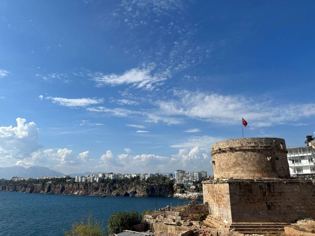 View of the coast and Castle on the cliff, Antalya