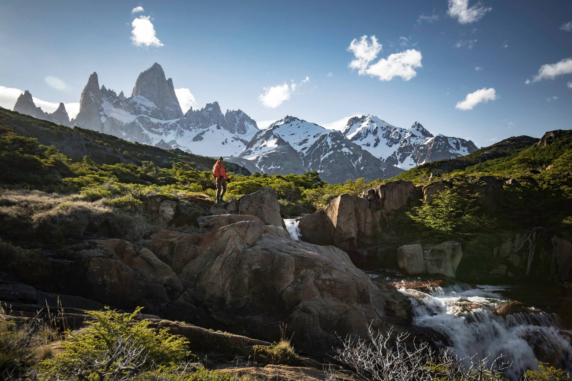 A hiker in Patagonia looking out over Monte Fitz Roy, Argentina