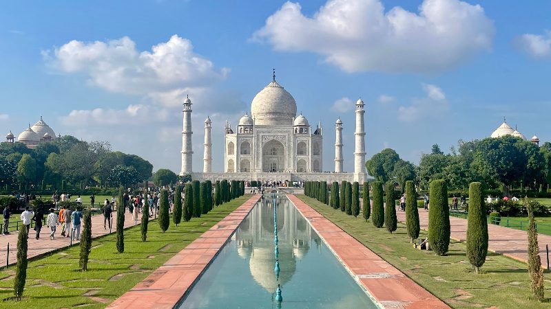 Taj Mahal on a sunny day in Agra.