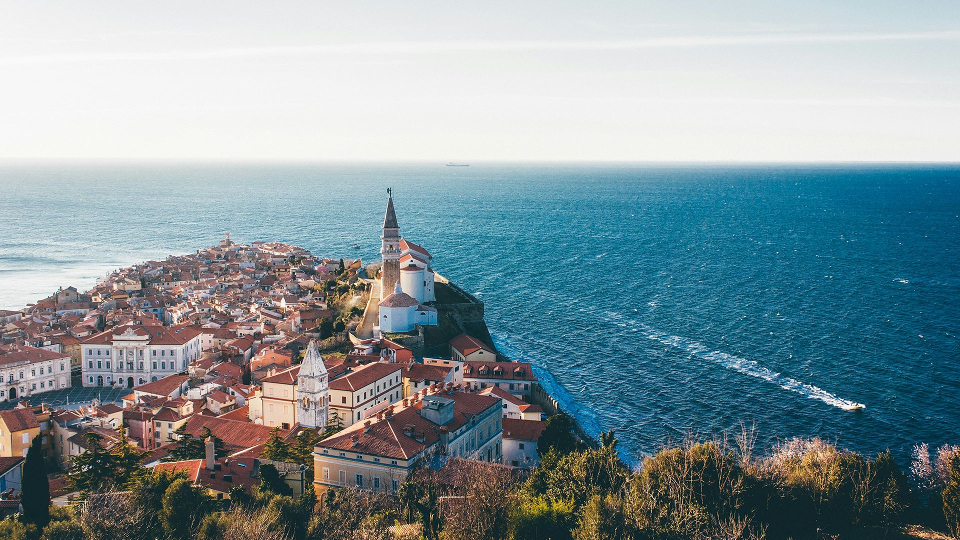 Piran's historic Old Town facing the Adriatic.