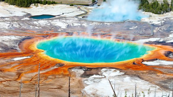Aerial shot of Grand Prismatic Spring in Yellowstone National Park