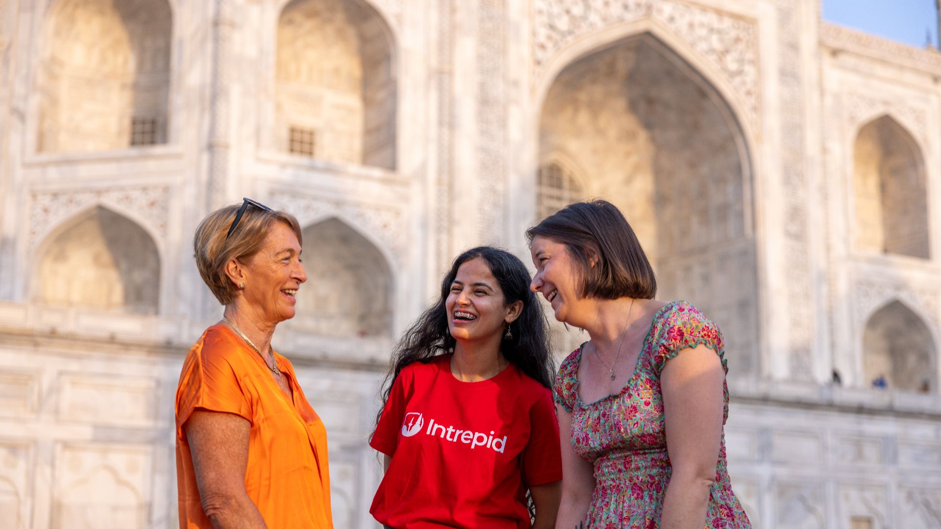 An Intrepid leader and group at the Taj Mahal, Agra, India.