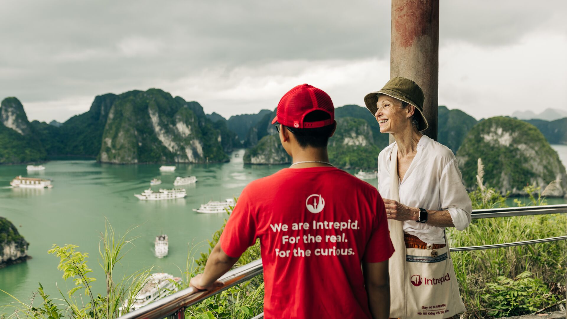 Intrepid leader with a traveller in Halong Bay