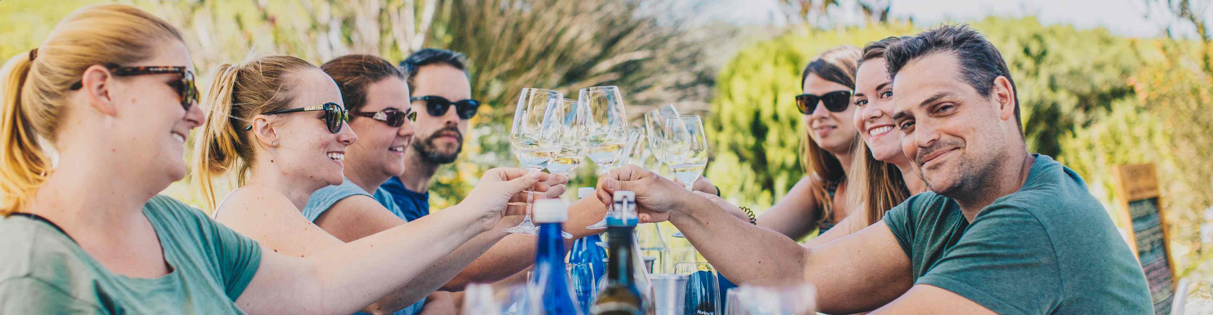 A group clinks wine glasses at one of South Africa's many wineries