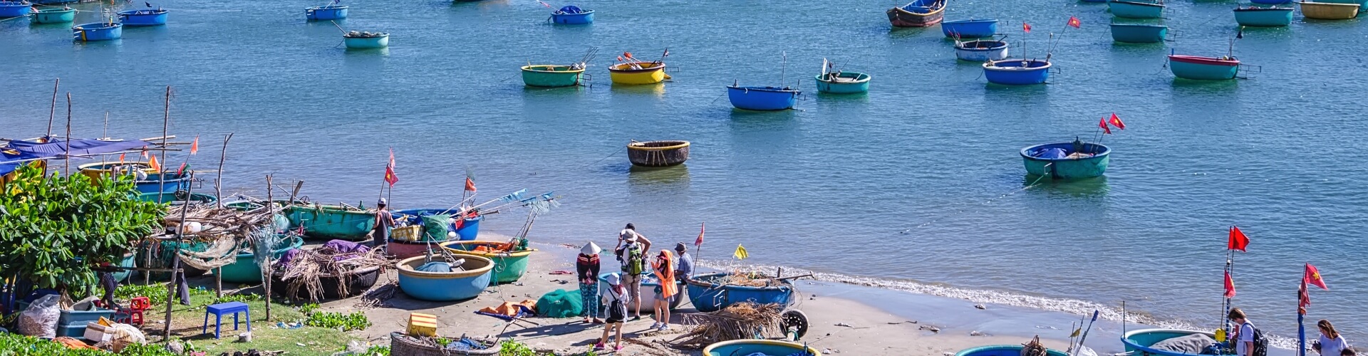 A collection of colourful boats on the shoreline and in the water at a beach in the south of Vietnam