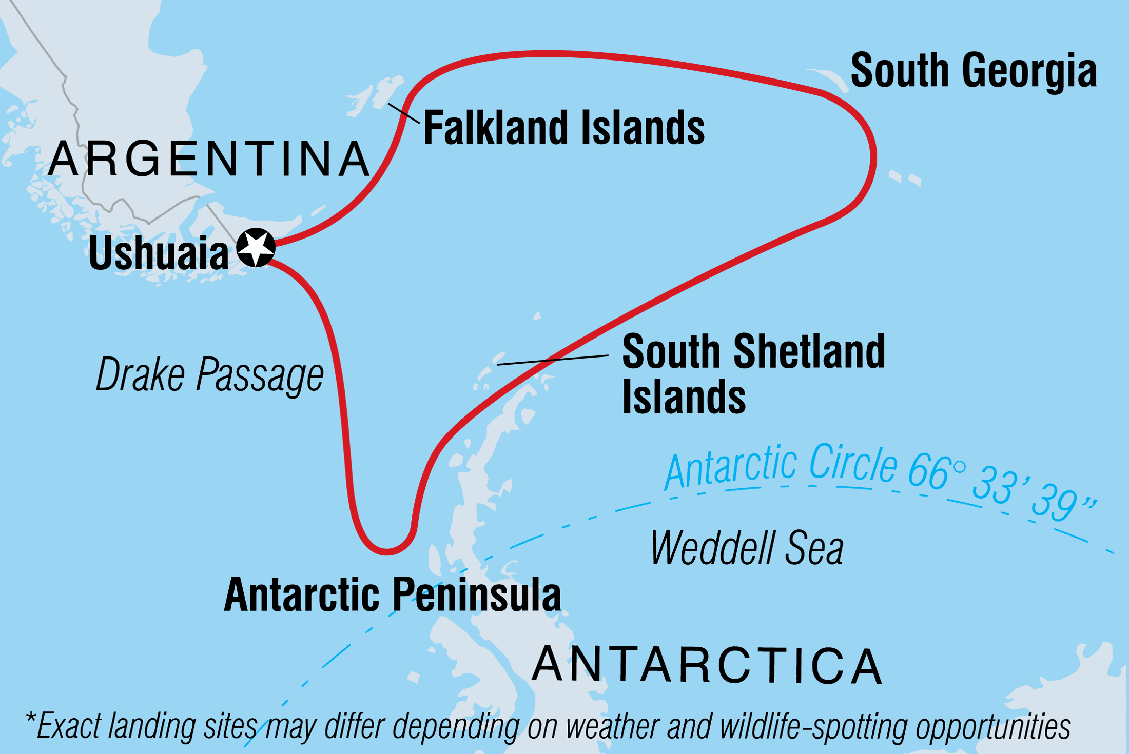 Map of Antarctica, South Georgia and Falklands Explorer (Ocean Endeavour) including Antarctica, Argentina, Falkland Islands (malvinas) and South Georgia