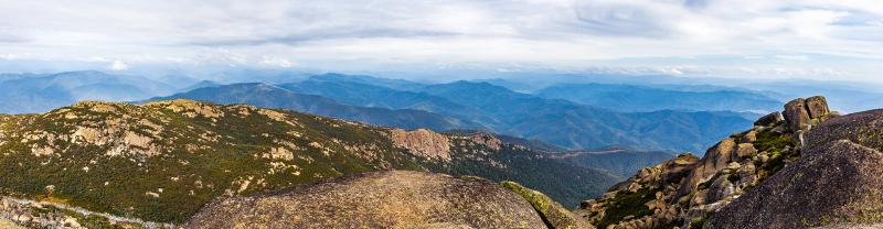 landscape panorama of boulders, rocks, and mountains at Mount Buffalo National Park, Victoria, Australia