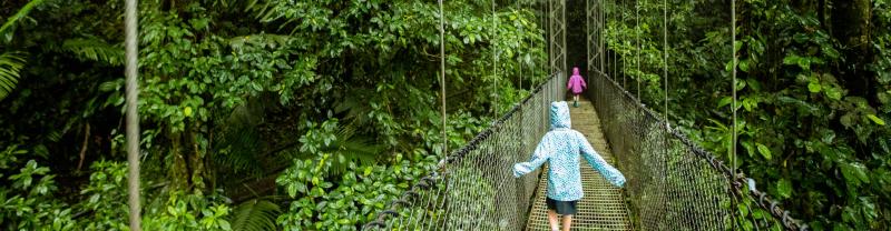 Two children walking across suspension bridge in Monteverde, Costa Rica