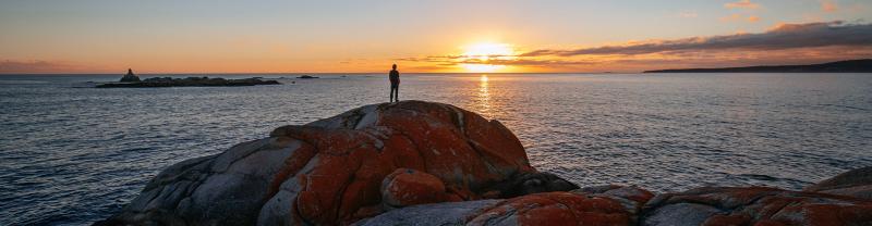 Traveller admiring sunset over the Bay of Fires, Tasmania, Australia