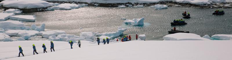 Antarctica landing with zodiacs in the background