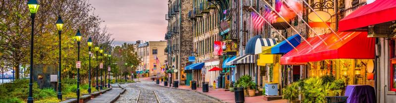 View of River Street, famous row of restaurants in Savannah, GA