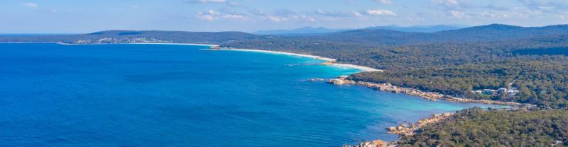An aerial view of the beautiful coastline at the Bay of Fires