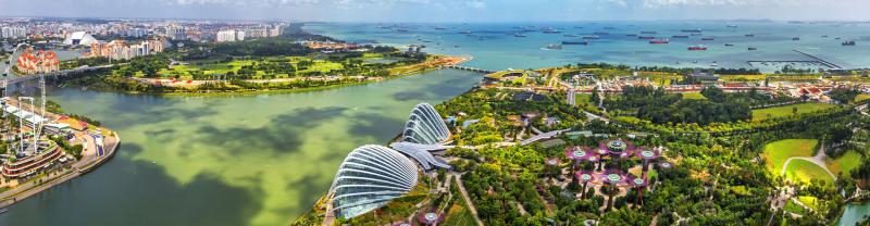 Landscape shot of Singapore with a focus on Gardens by the Bay and the surrounding Marina Bay. 