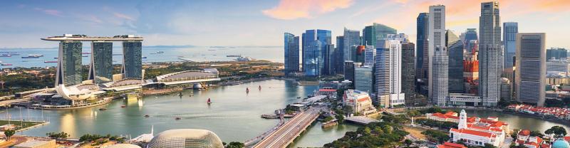 The city landscape of Singapore with Marina Bay and various attractions. 