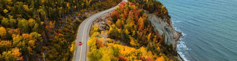 An aerial view of the winding roads of the Cabot Trail in Cape Breton.