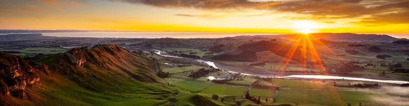 Sunset over Hawkes Bay and mountain area in New Zealand