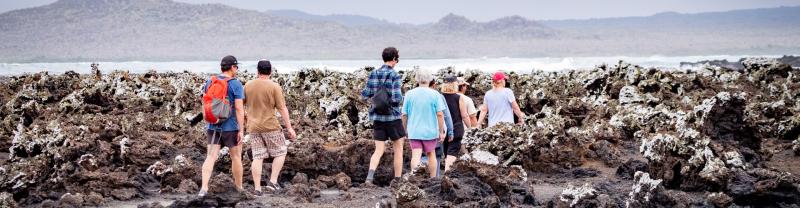 A group of travellers walking over the rocky shore on Isla Isabela on a clear day