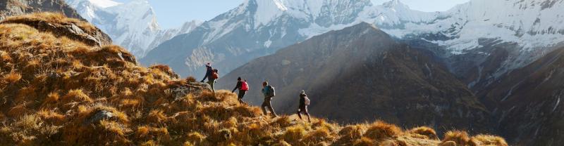 A group of hikers walking up a hill on the Annapurna Base Camp trek in Nepal