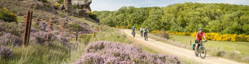 A group of travellers cycling along a dirt road as part of the Otago Central Rail Trail 