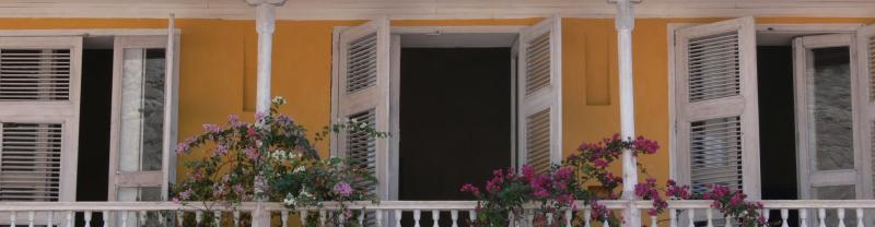 Flowers blooming on the verandah of a yellow house in Cartagena, Colombia
