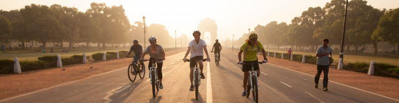 A group of travellers cycling in Rajasthan 