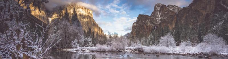 Yosemite National Park covered in a blanket of crystalline snow.