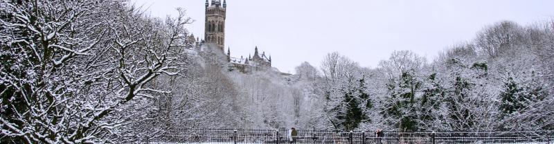 The University of Glasgow covered in snow.