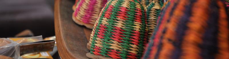 A display of colourful, handmade beanies