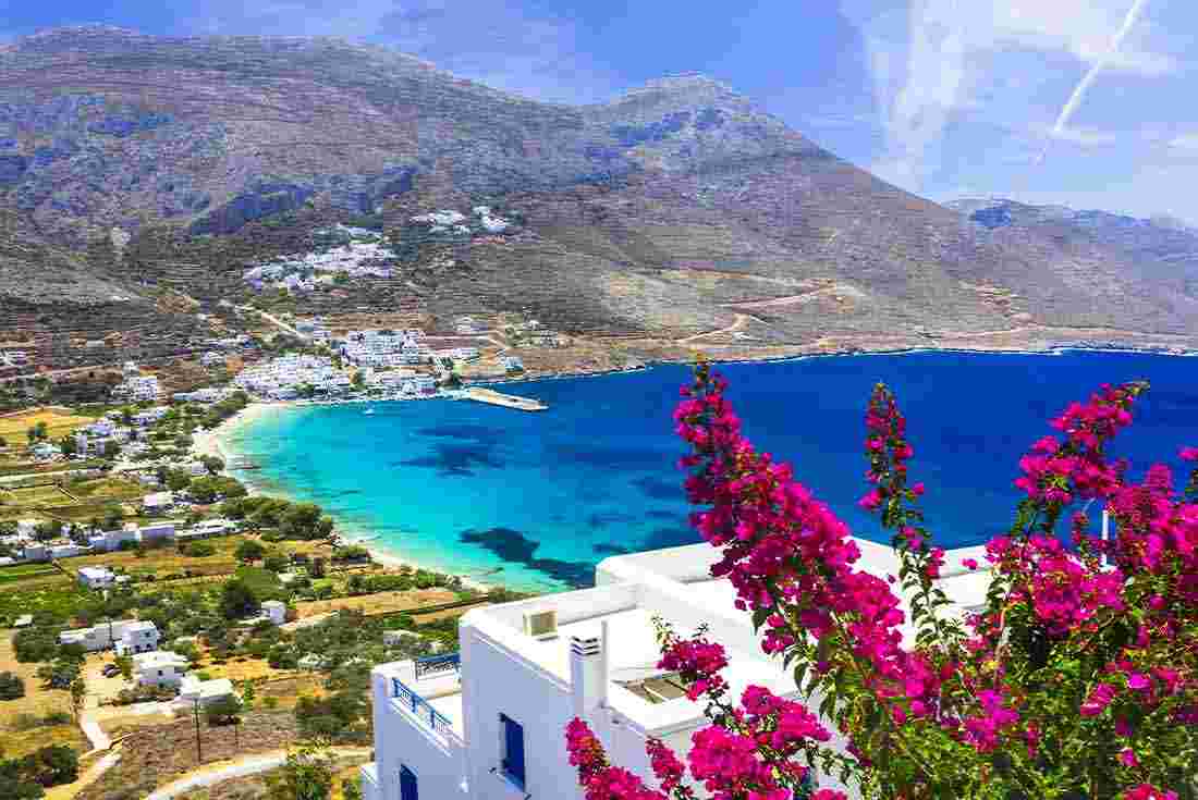 Blue waters and white washed buildings of Amorgos Island