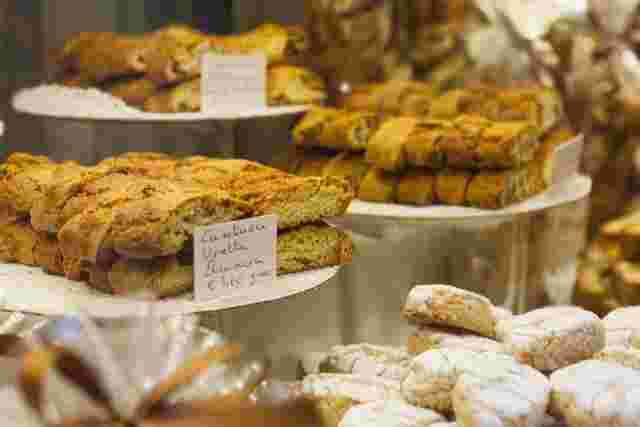 A collection of sweet treats in a bakery in Florence, Italy