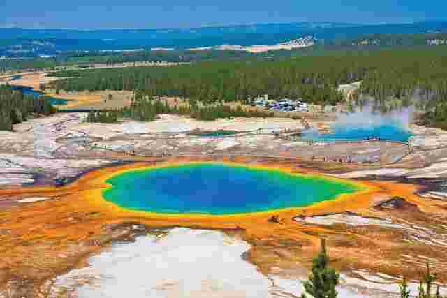 The vivid colours of Grand Prismatic Spring as seen on an Intrepid Travel tour 