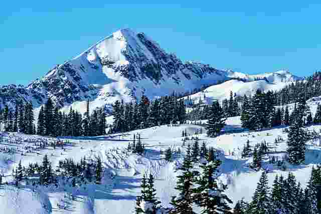 Mt Rainier and its surrounding peaks covered in snow in winter