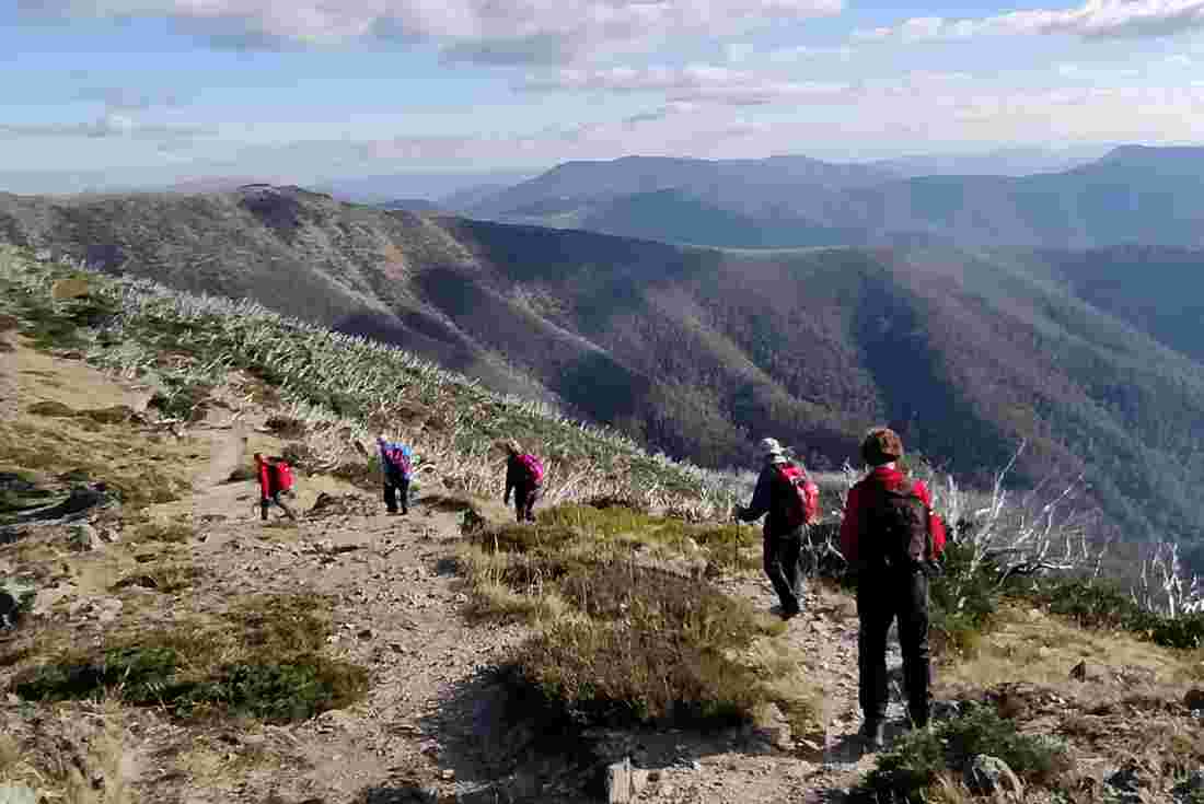 Group hiking across mountains in the Victorian High Country, Australia