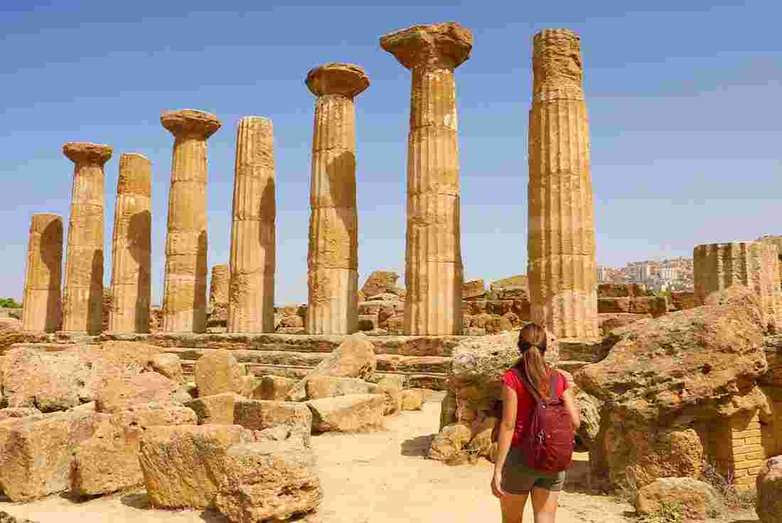 Traveller exploring the Valley of Temples located in Sicily, Italy
