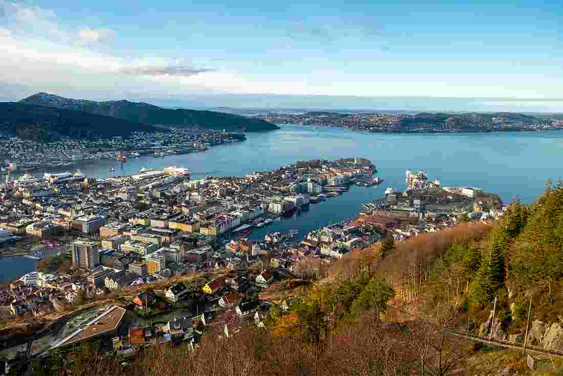 The city of Bergen viewed from atop Mount Floyen in Norway.