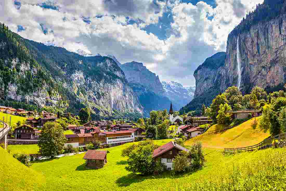 The village of Lauterbrunnen and Trümmelbach Falls in the valley